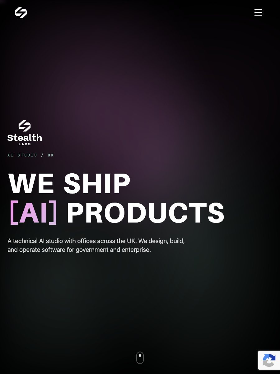 The stealthlabs.uk home page: the Stealth Labs mark over 'We ship AI products'