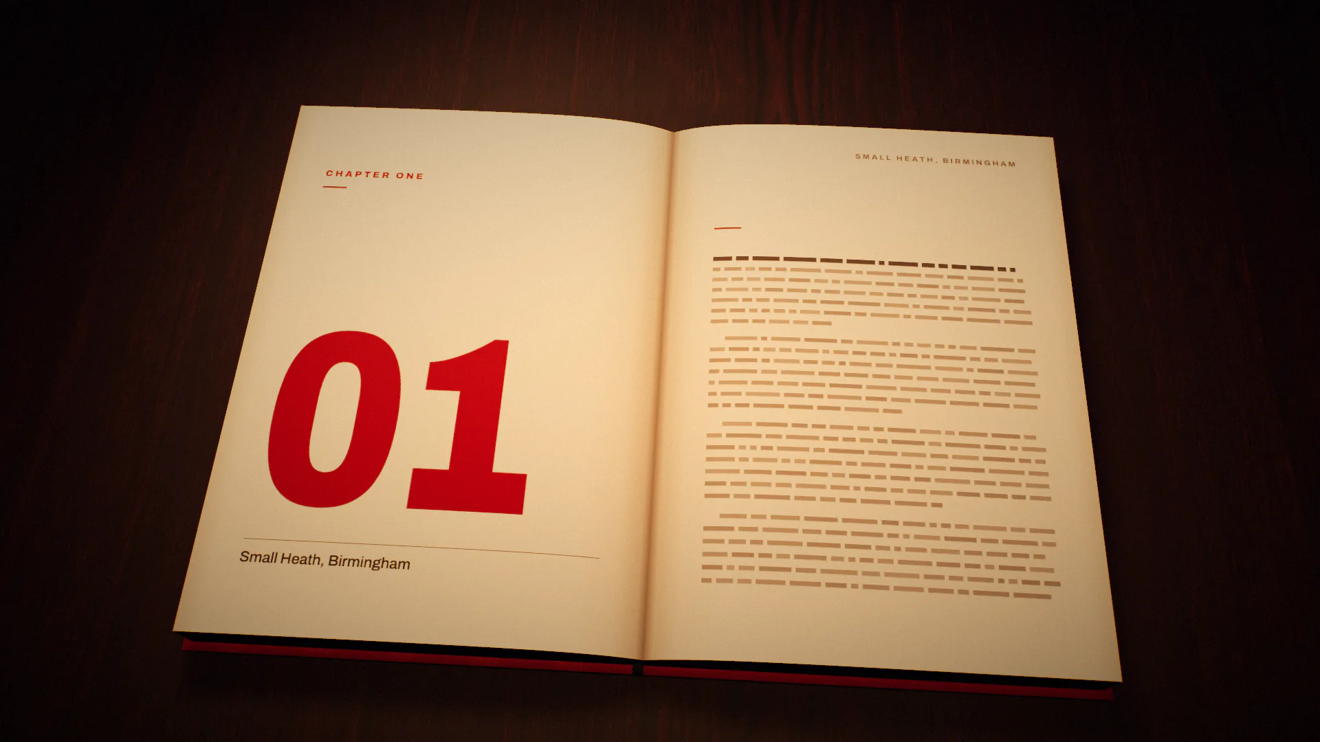 The Playbook open on the studio table at night under one red anglepoise, at chapter one: a large red 01 and Small Heath, Birmingham.