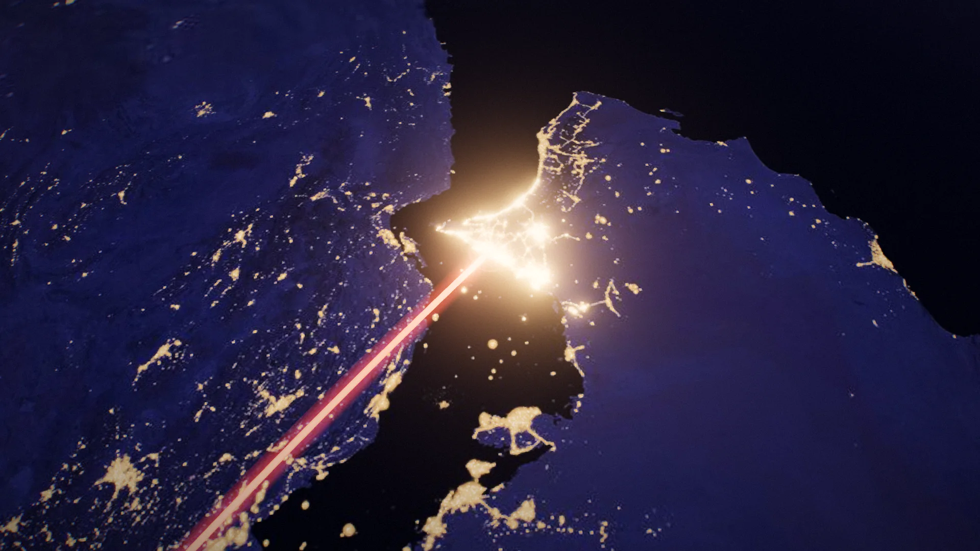 The night side of the Earth from above the Gulf: a red line runs in from the north-west and lands on Dubai, a bright knot of city lights on the coast.