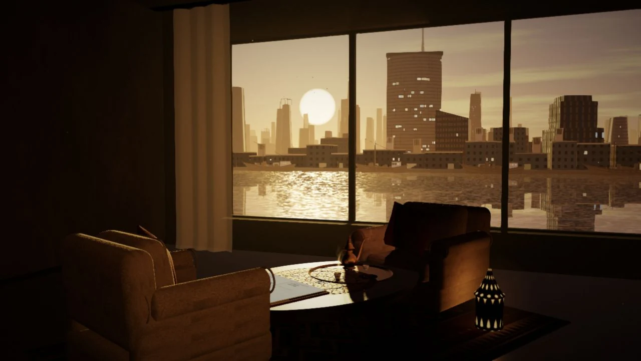 A quiet room overlooking Dubai Creek, with a notebook and two cups of coffee on the table between two armchairs.